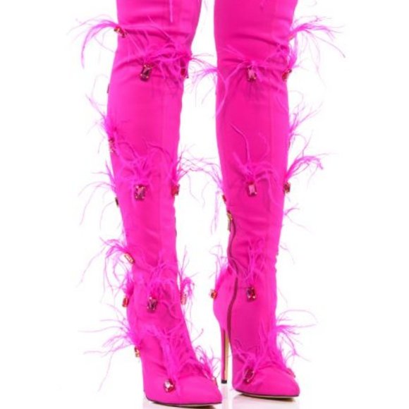 AZALEA WANG Shoes - AZALEA WANG " FINESSED FEATHER EMBELLISHED " PINK BOOT (BRAND NEW!!)